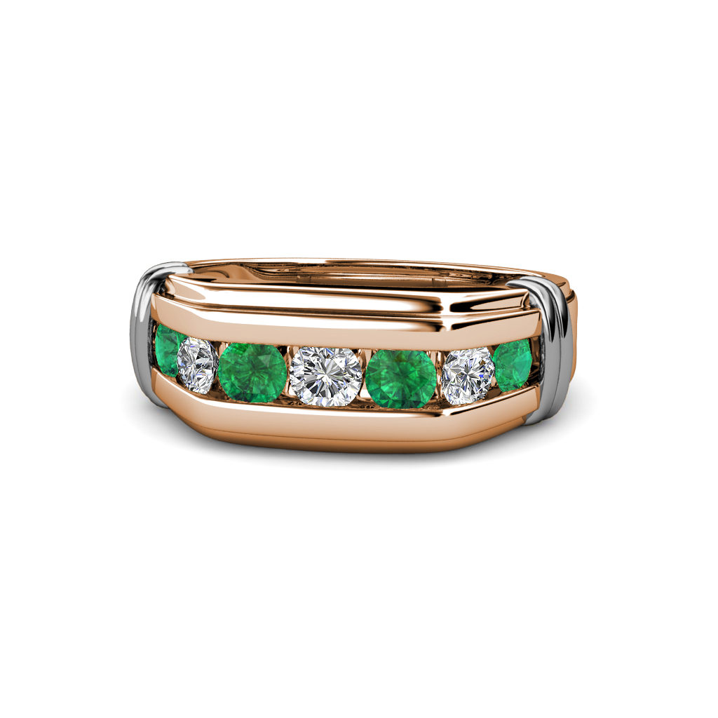 Brad Round Emerald and Diamond 7 Stone Men Wedding Ring (8.5 mm) 